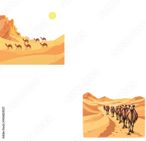 Vsai camels walking in the desert under the sun