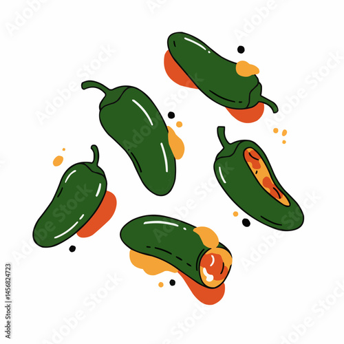 An illustration featuring jalapenos and colorful abstract shapes on white backdrop