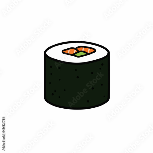 Cartoon sushi with salmon and avocado filling wrapped in nori, isolated