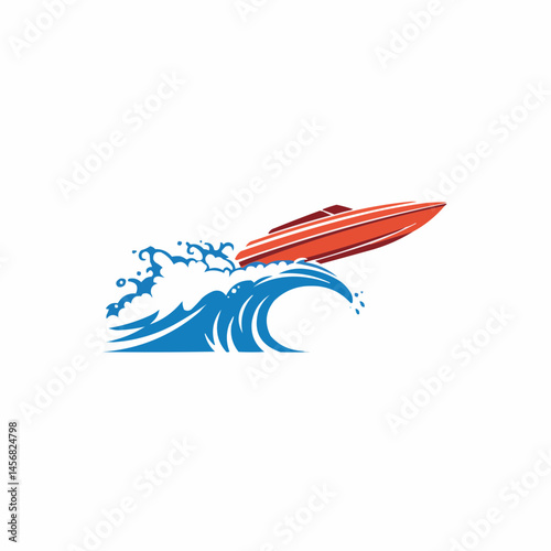 Fast speedboat glides on the water, leaving behind splashy waves in blue and white
