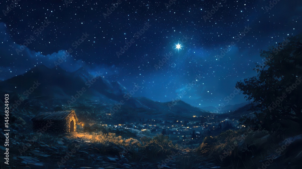 Fototapeta premium Star Bethlehem Christmas Star Bright Dark Blue Night Sky Religious Art Nativity Hope Light