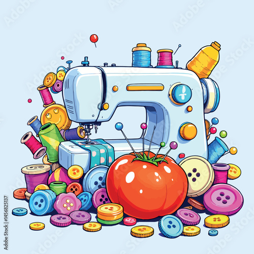 Sewing machine surrounded by spools of thread, buttons, and pincushion tomato