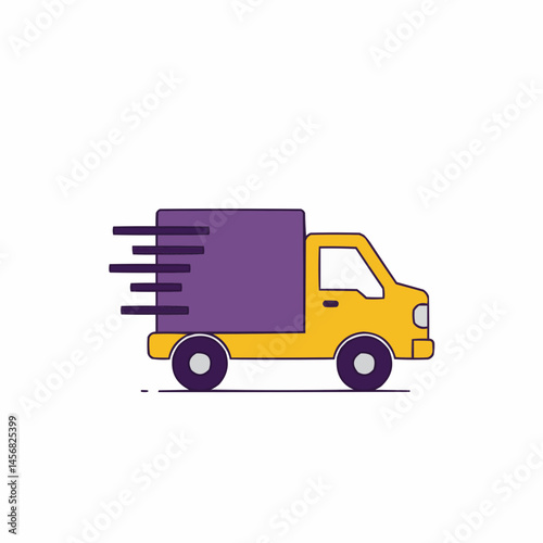 A purple and gold-colored truck rushes to deliver goods quickly, represented by speed lines