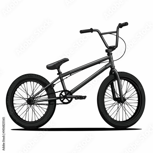 A grayscale bicycle facing right featuring handle bar grips and seat against white