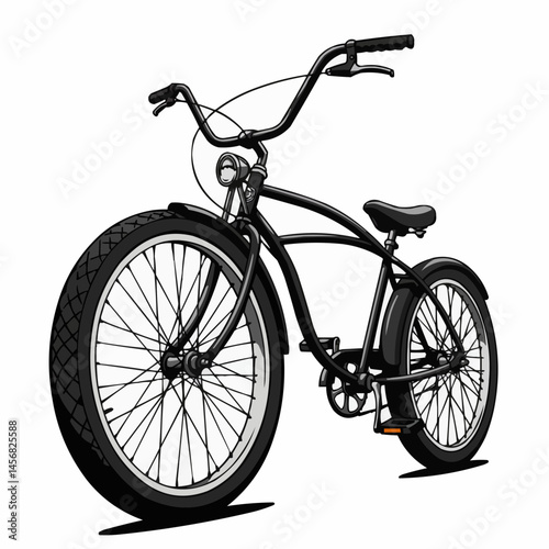 Monochrome illustration of a bicycle featuring handlebars, wheel, and seat details