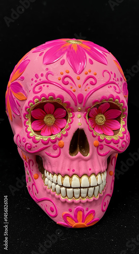 Decorated sugar skull representing dia de los muertos traditions, honoring deceased loved ones with vibrant colors and floral patterns.
