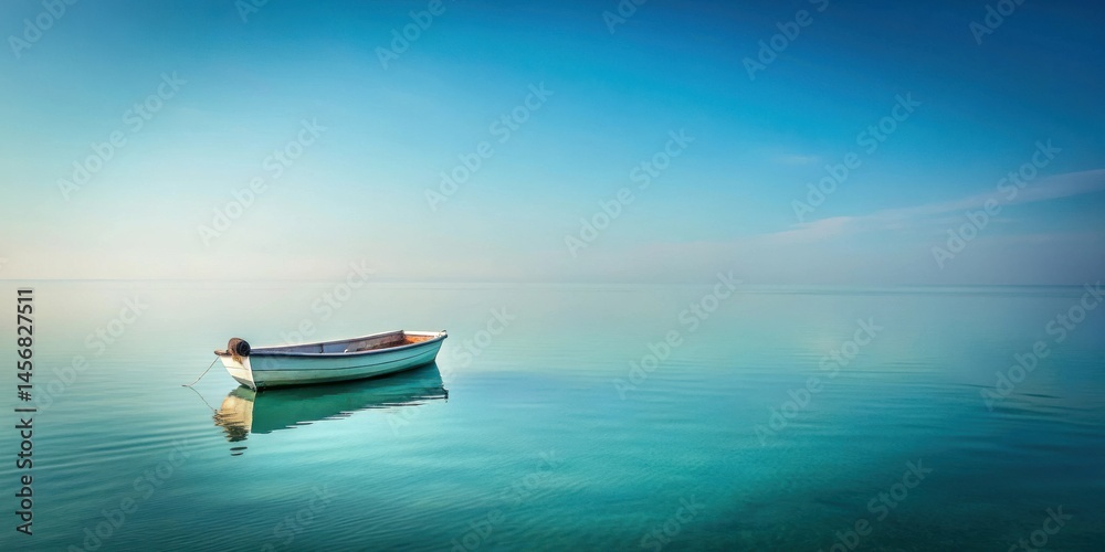 Naklejka premium Serene Small Boat at Rest on a Calm Aqua Sea Under a Clear Sky