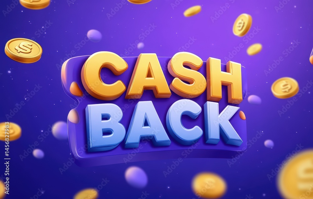 Fototapeta premium Cash Back 3D gold text effect with flying coins and blue purple background