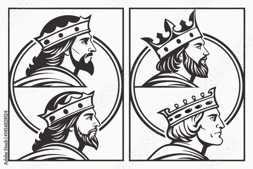 Set of Four Monochrome King Portrait Illustrations with Crowns within Circular Frame Border, Vintage Graphic Style.