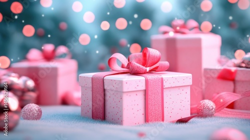  A pink-themed image with gifts and floating hearts.