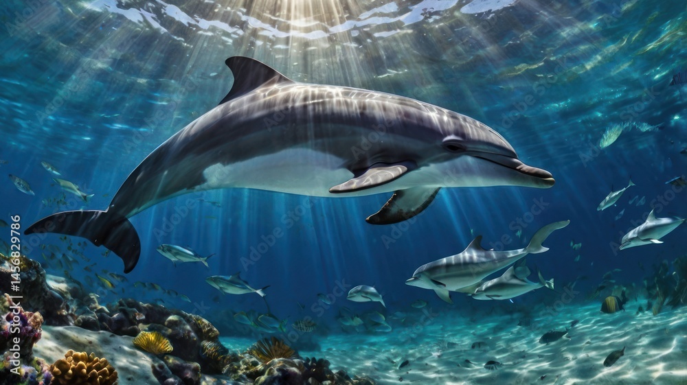 Fototapeta premium Majestic dolphin in sunlit ocean depths