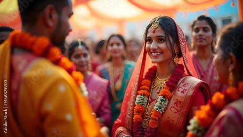 Beautiful Hindu Bride in Traditional Red Sari at Indian Wedding Ceremony Surrounded by Wedding Guests