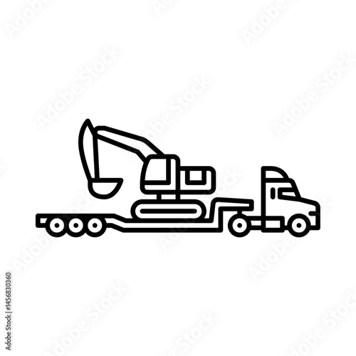 truck with lowboy trailer outline icon. lowboy trailer load excavator black line illustration.