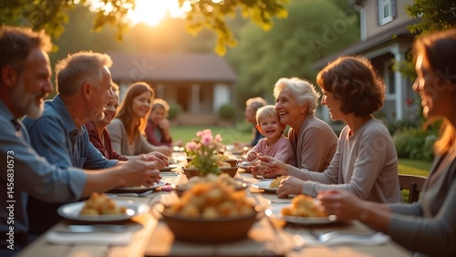 Generational Family Enjoying Outdoor Meal at Sunset. Gathering celebrates life's simple joys.