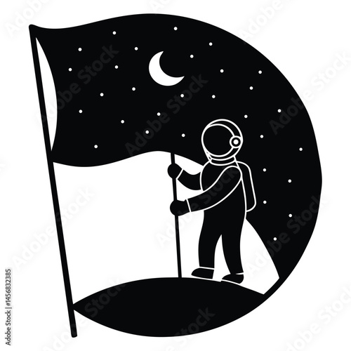 Astronaut Planting Flag on Moon Space Exploration Illustration