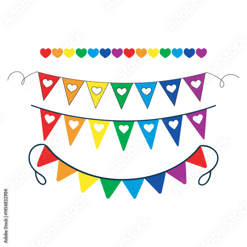 Rainbow Hearts Pennant Garland Bunting Vector Set, Pride month LGBT flags garlands with pennants. Vector buntings set. Footer and banner background