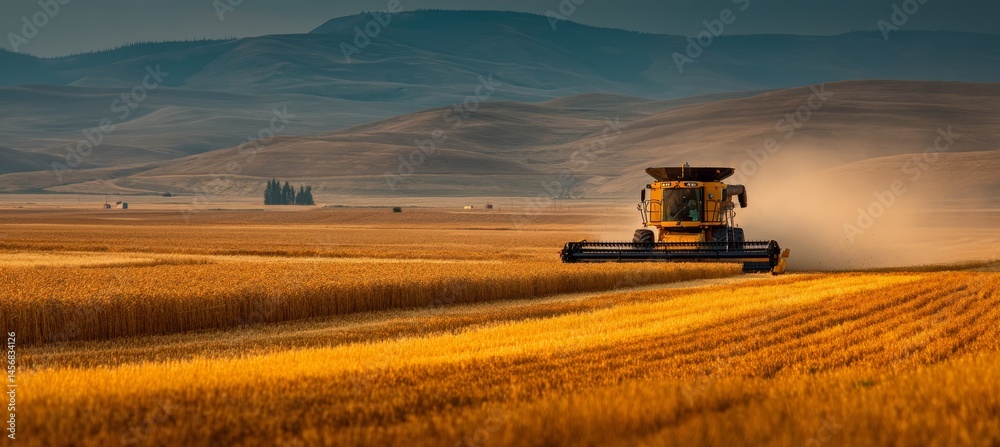 Combine harvester on the wheat field. Agriculture farming business. Generative AI technology.