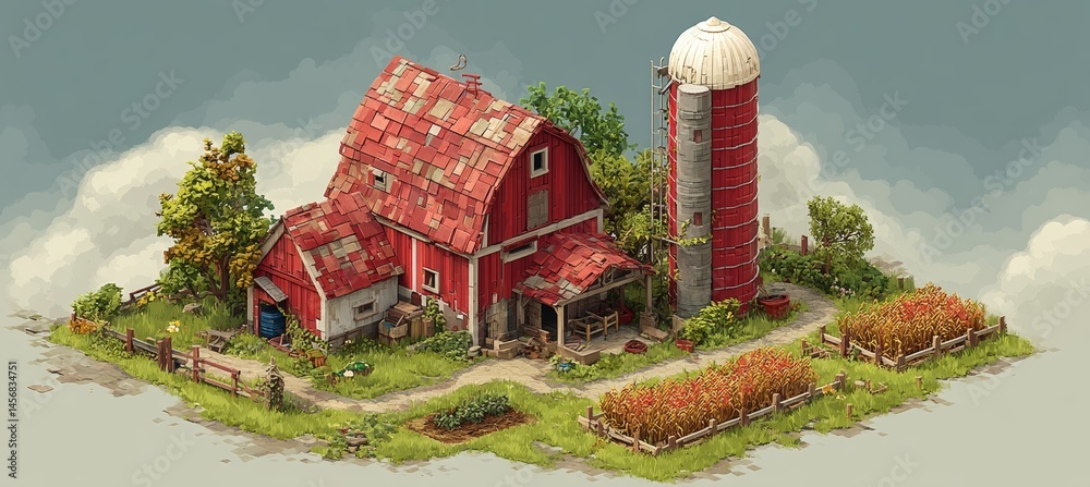 Barn, farm, and silo miniature. Agriculture farming business. Generative AI technology.