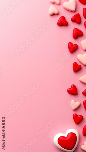 A pink background with red and white hearts scattered across it.