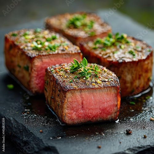 Rosemary sprig garnish crowning tender beef medallions with juices pooling on slate stone surface, upscale restaurant-ready filet mignon portions with ideal cooking gradient