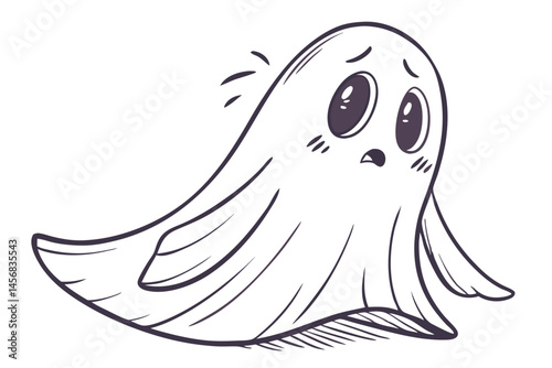 Adorable Spooky Ghost with Big Eyes and Worried Expression, Perfect for Halloween Cards and Decorations with Line Art Style.