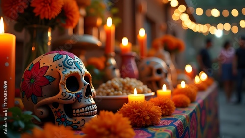Festive Day of the Dead Altar with Sugar Skull, Candles, and Marigolds