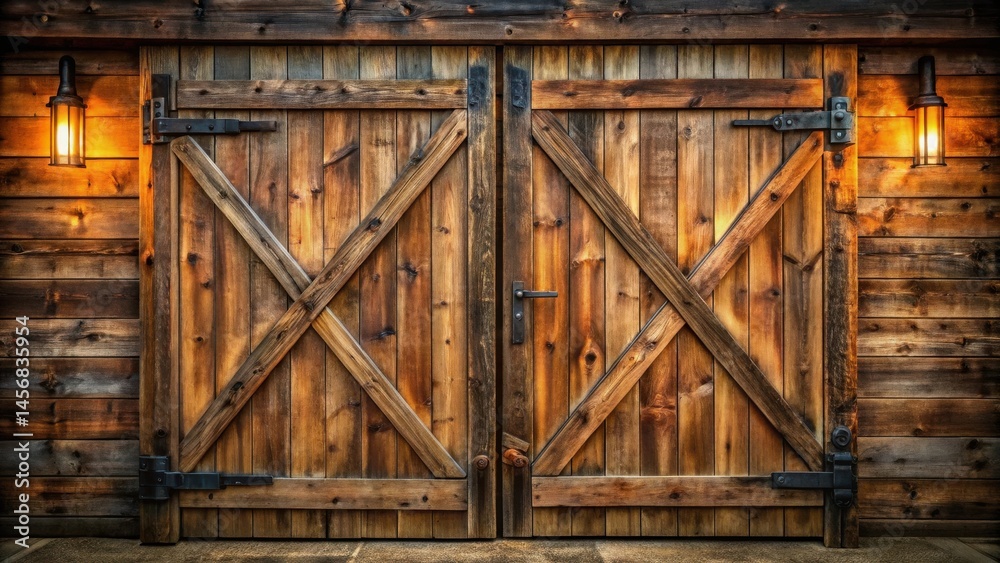 Naklejka premium Rustic Wooden Double Doors with X-shaped Bracing and Antique-Style Wall Lights at Dusk
