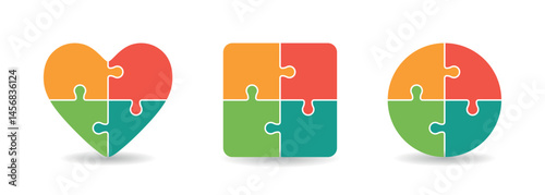 Colorful puzzle pieces forming a heart, square, and circle shape, symbolizing unity, teamwork, and diversity on a white background.