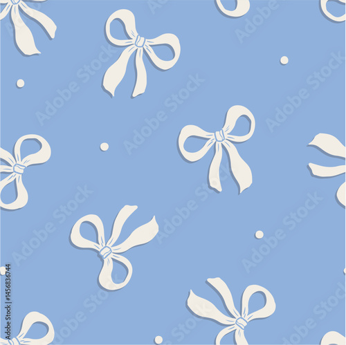 Coquette Bow Toss Seamless Vector Pattern, Cute Cream White Hand Drawn Tied Ribbons on Pastel Blue