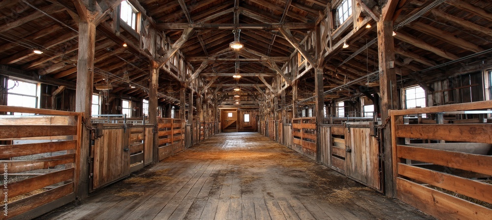 Horse stable interior building. Generative AI technology.