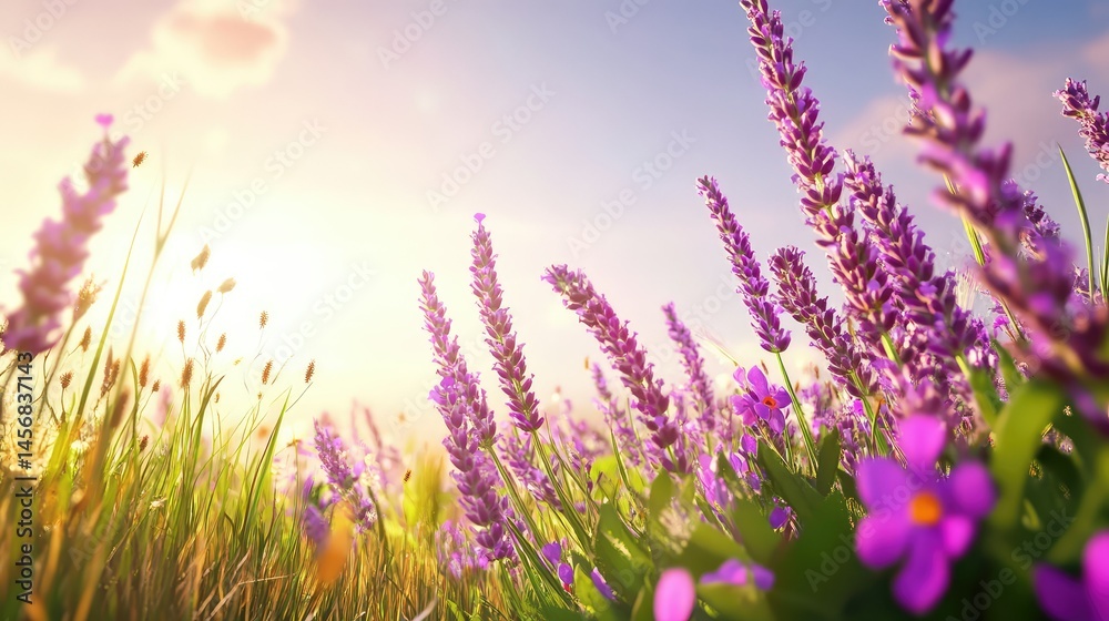 Naklejka premium Lively lavender flowers in full bloom, intertwined with fresh green leaves and strong stems under a clear sky