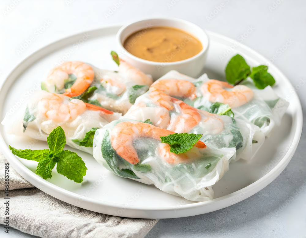 Shrimp Spring Rolls With Peanut Sauce On Plate Shrimp Spring Rolls With Peanut Sauce On Plate