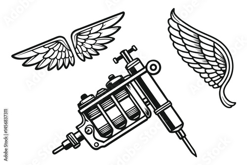 Retro Tattoo Machine and Wings in Monochromatic Vector Style for Art, Design, and Subculture Appeal.