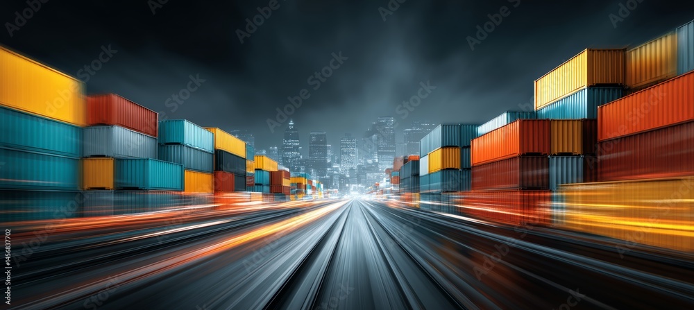 Cargo container on seaport with speed motion. Delivery global transport trade business concept. Generative AI technology.