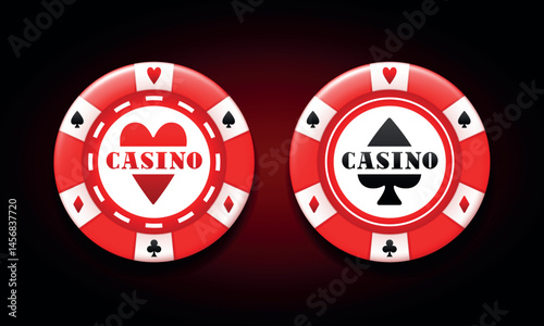 Casino label. Chip with card suits. Vector 3d clipart isolated on dark background.