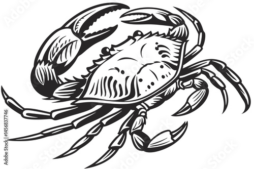 Black and White Crab Vector Illustration with Detailed Claws and Exoskeleton for Seafood Design, Isolated on White.