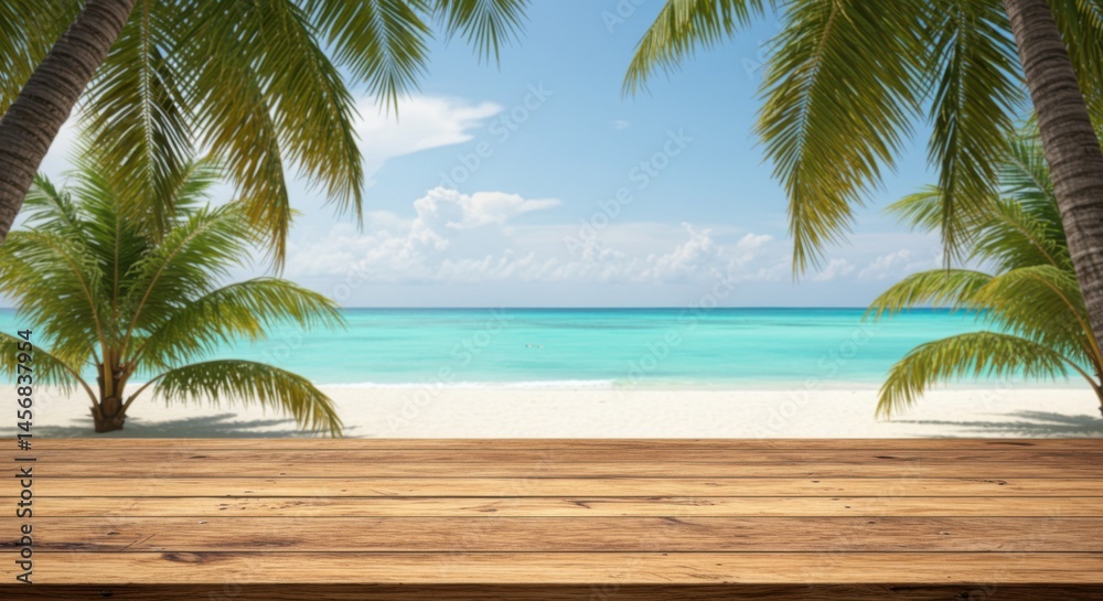 Wooden table overlooking a tropical beach with palm trees and turquoise ocean water on a sunny day Wooden table overlooking a tropical beach with palm trees and turquoise ocean water on a sunny day