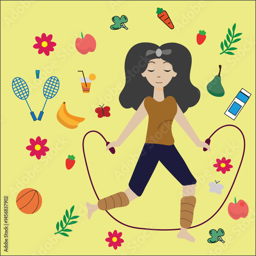 Illustration of a cartoon woman skipping rope surrounded by healthy food and fitness elements. Concept for World Health Day.