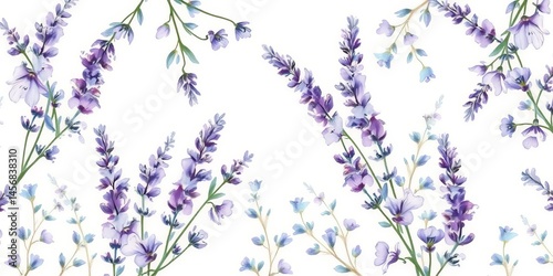 Delicate watercolor lavender and eucalyptus sprigs repeat on a creamy background, textile, summer