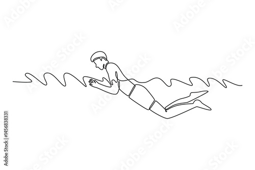 Single one line drawing professional male swimmer in breaststroke style in pool lane, stroking, immersing, and lifting out of water to breathe. Continuous line draw design graphic vector illustration