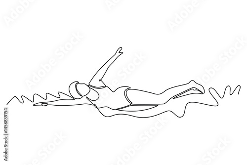 Single continuous line drawing side view professional female swimmer performing front crawl in indoor pool. Sportswoman, swimming freestyle technique. One line draw graphic design vector illustration