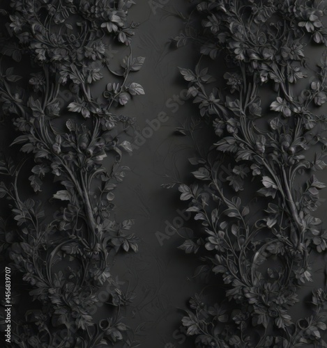 Intricate charcoal floral vine pattern, seamless wallpaper, illustration, decor, interior