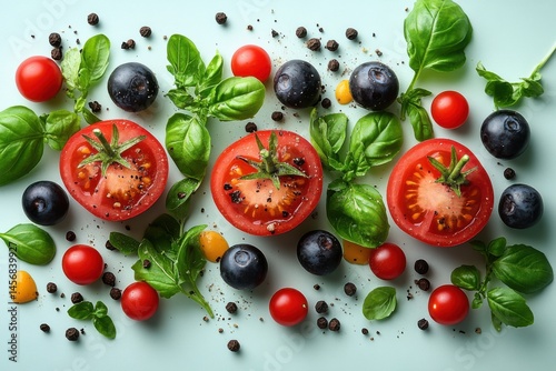 Fresh ingredients create a vibrant garden of flavors in a minimalist setting