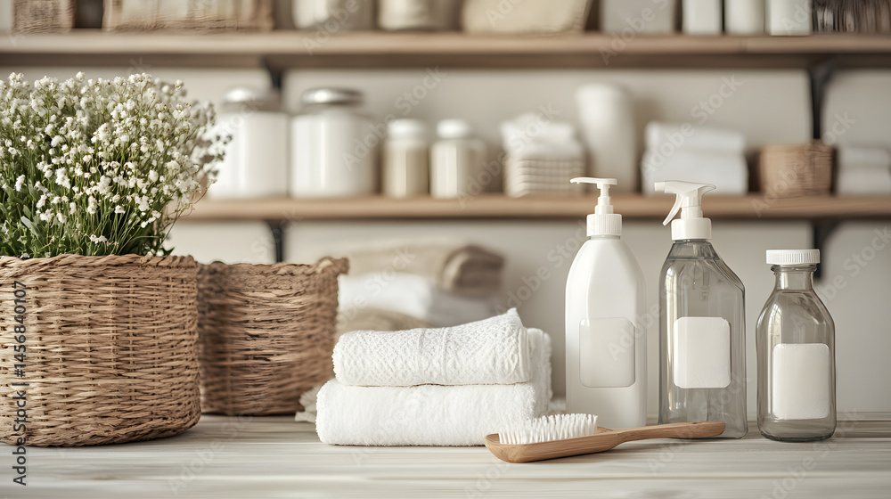 Rustic Spa Serenity: A closeup of a rustic spa countertop, featuring white towels, a wooden brush, natural soap and lotion bottles, and a potted plant in a wicker basket. Rustic Spa Serenity: A closeup of a rustic spa countertop, featuring white towels, a wooden brush, natural soap and lotion bottles, and a potted plant in a wicker basket.
