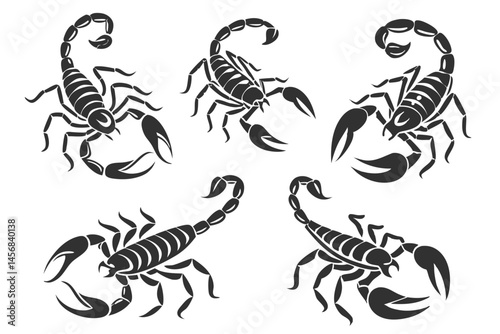 Decorative Black Scorpion Collection in Vector Format, Isolated on White Background, for Tattoo, Icon, Logo, or Emblem.