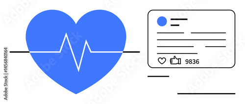 Heart icon with heartbeat line next to a social media interface displaying thumbs ups, comments, and interaction count. Ideal for health, digital marketing, social engagement, audience growth, online