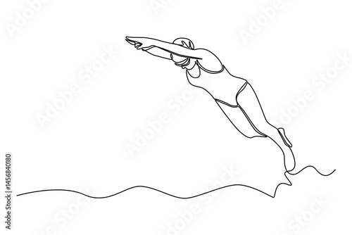 Single one line drawing female swimmer with swimsuit and cap jumping into water. Woman athlete in sport for competition, race, training cardio. Continuous line draw design graphic vector illustration