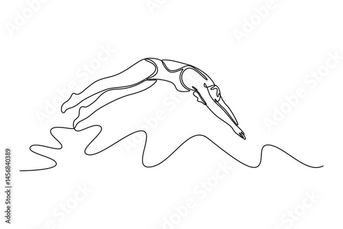 Single one line drawing beauty female swimmer with swimsuit and cap jumping into water. Sportswoman swimmer prepares to dive into swimming pool. Continuous line draw design graphic vector illustration