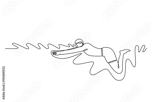 Single one line drawing attractive male swimmer in breaststroke style in swimming pool, stroking, immersing, and lifting out water to breathe. Continuous line draw design graphic vector illustration