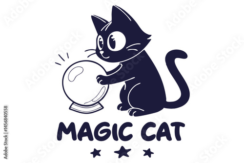 Cute Cartoon Black Cat with Crystal Ball, Magic and Mystical, Cartoon Vector Illustration Isolated on White Background.